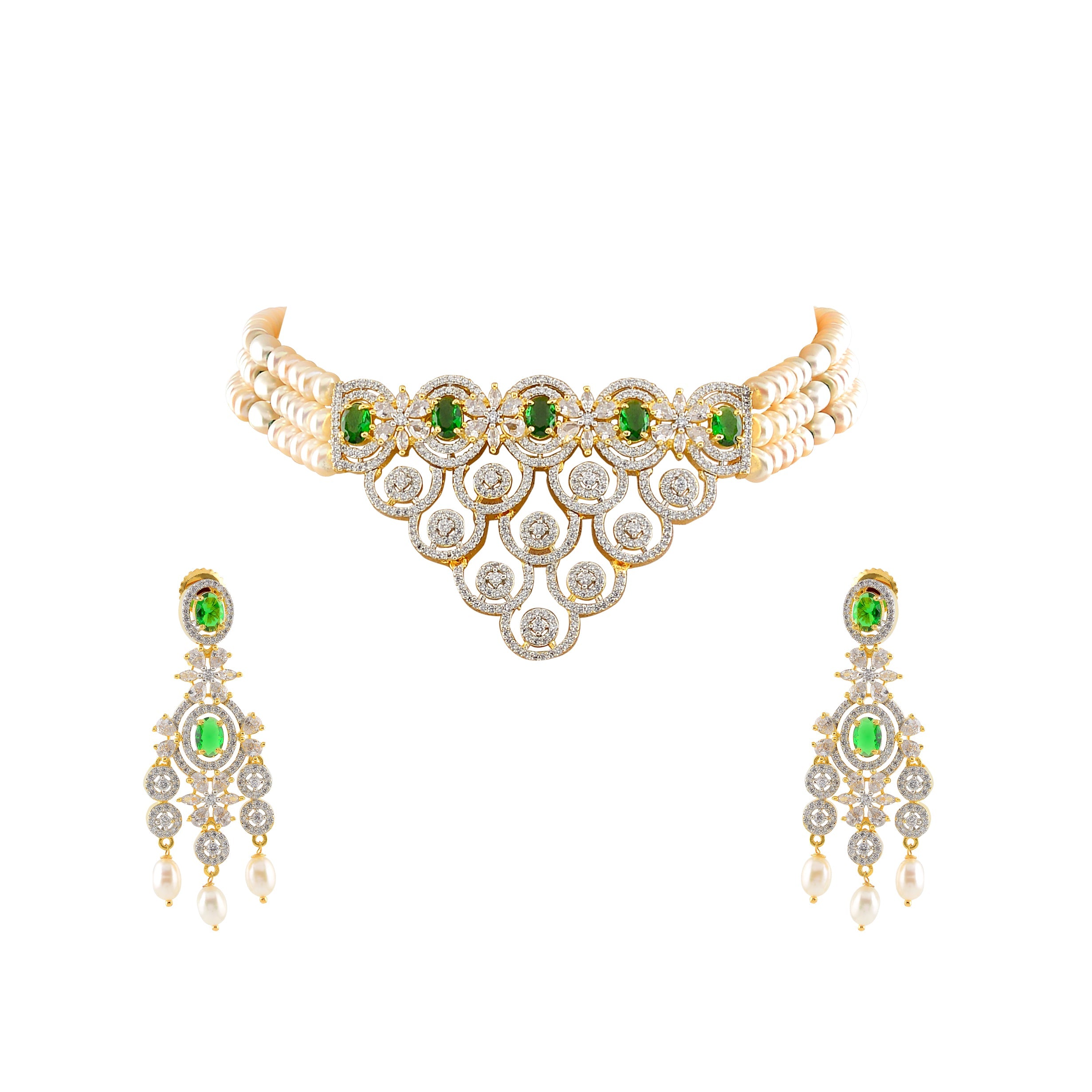 Beautiful Pearl and Greenstones Choker with Earrings - Krishna Jewellers Pearls and Gems